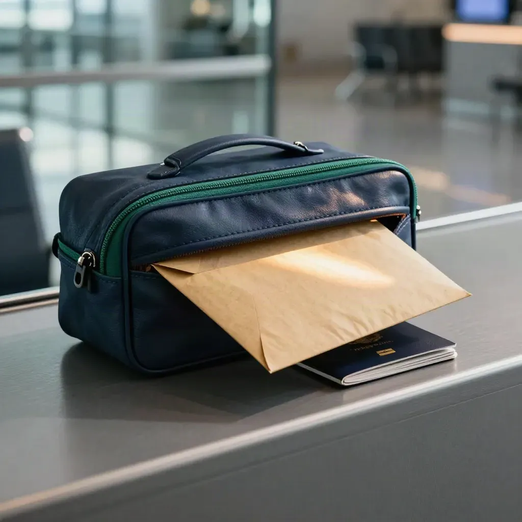 Pochette bleu nuit, passeport fermé et enveloppe kraft glissant sur un comptoir d’aéroport.