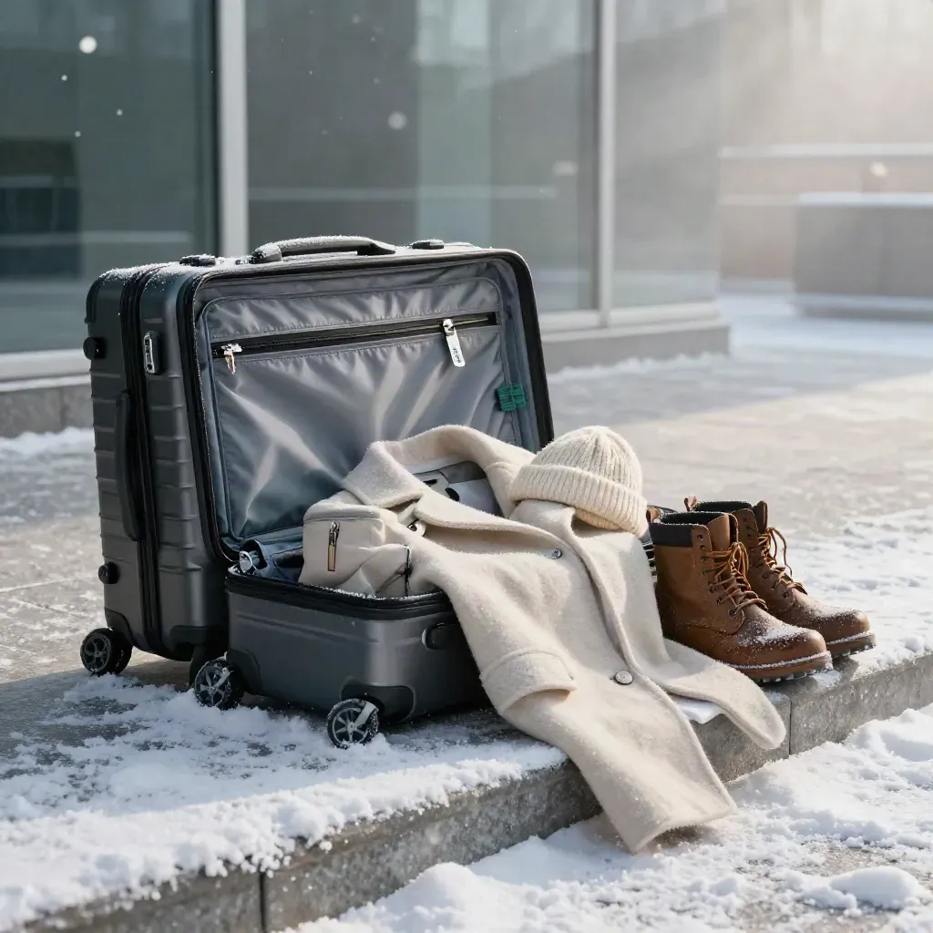Valise ouverte dans la neige avec manteau, bottes et accessoires de voyage.