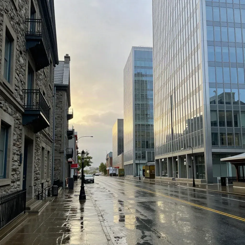 Rue québécoise mouillée face aux tours de verre ontariennes, pluie cessée.