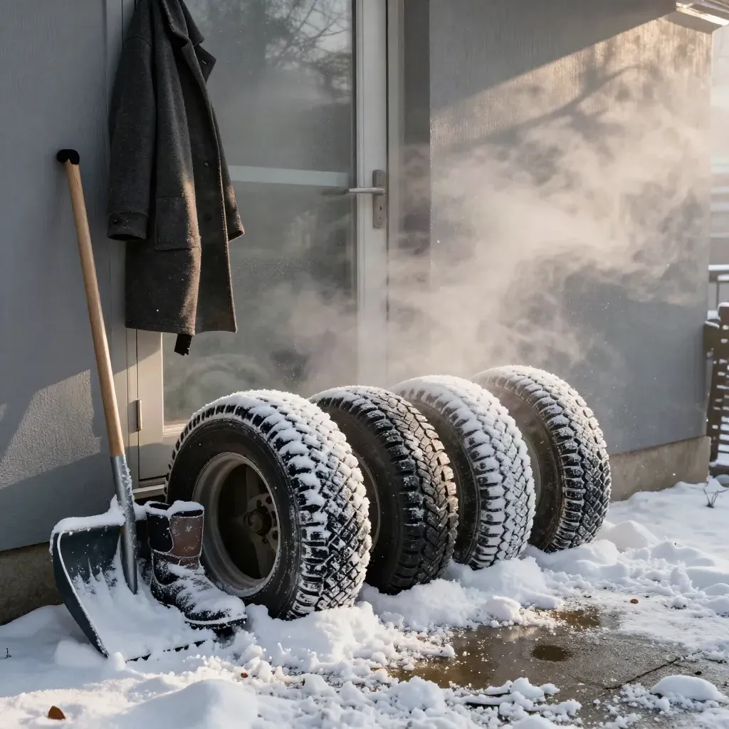 Allée enneigée, pneus d’hiver, bottes gelées, pelle et manteau près d’une porte vitrée