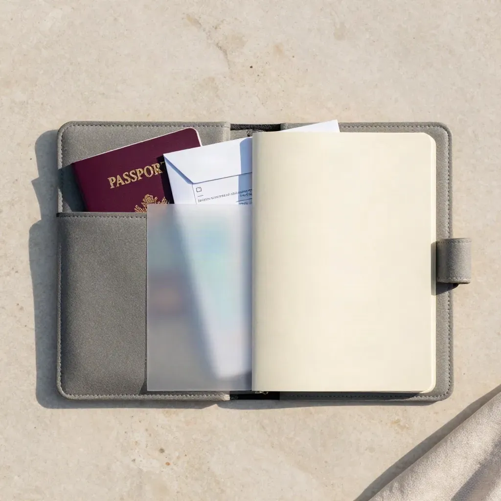 Vue du dessus d’un dossier visa étudiant avec passeport, enveloppe d’admission et carnet sur pierre claire.