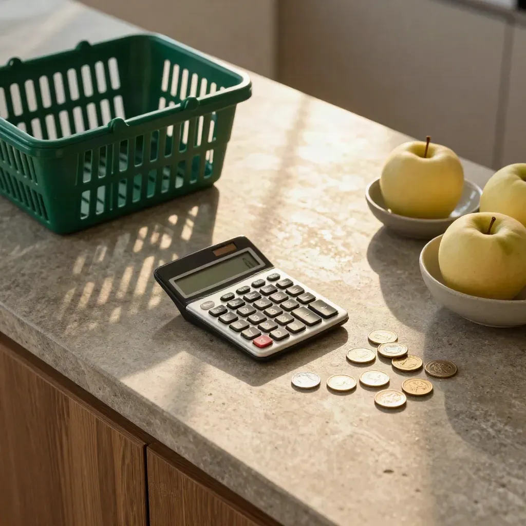 Table de cuisine en pierre, calculatrice, clés, pièces, panier vert pin et bols de pommes au soleil.