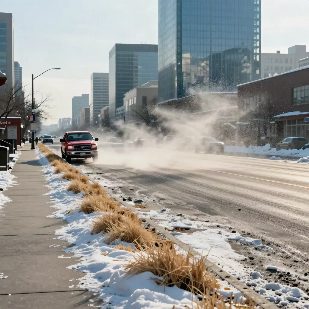 Rue large de Calgary balayée par la neige, camion rouge garé et tours lointaines.