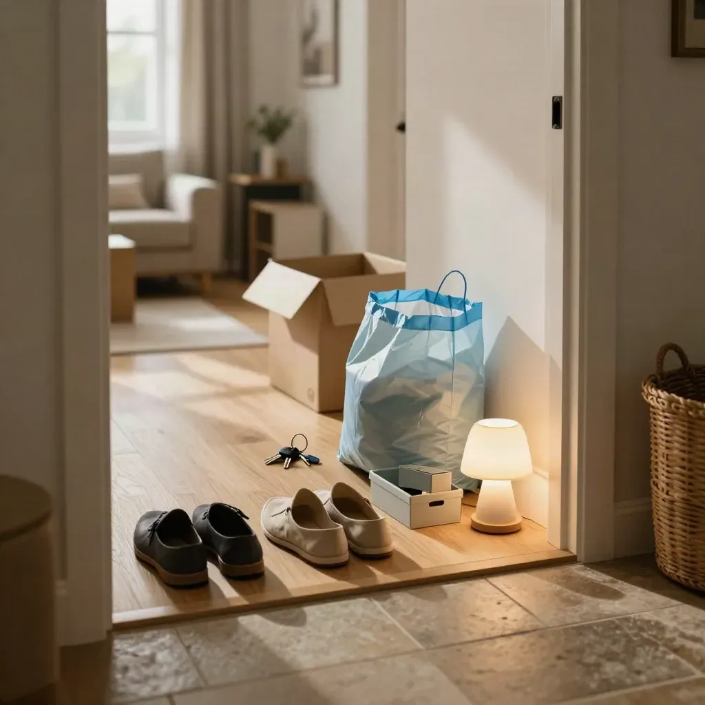 Entrée d’appartement neuf avec chaussures, clés, boîte ouverte et sac d’épicerie bleu glacier.