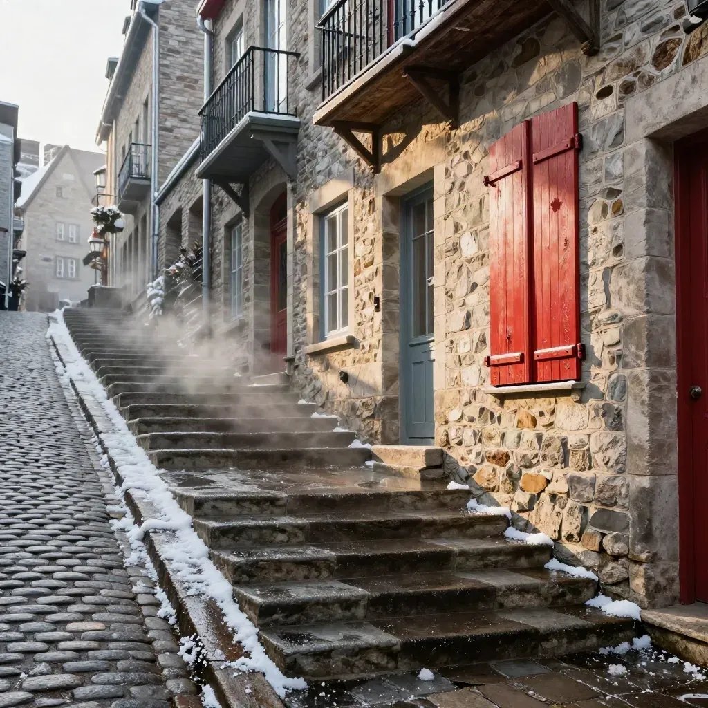 Rue pavée du Vieux-Québec vue du bas des marches, neige fondue et façades de pierre au soir.