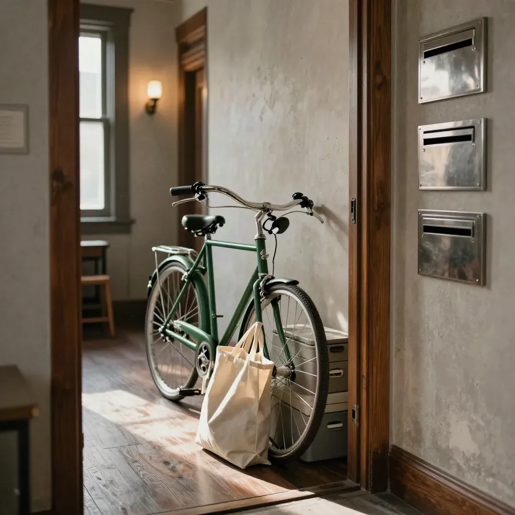 Entrée d’immeuble montréalais avec vélo, sacs réutilisables et boîtes, lumière de fin d’après-midi.