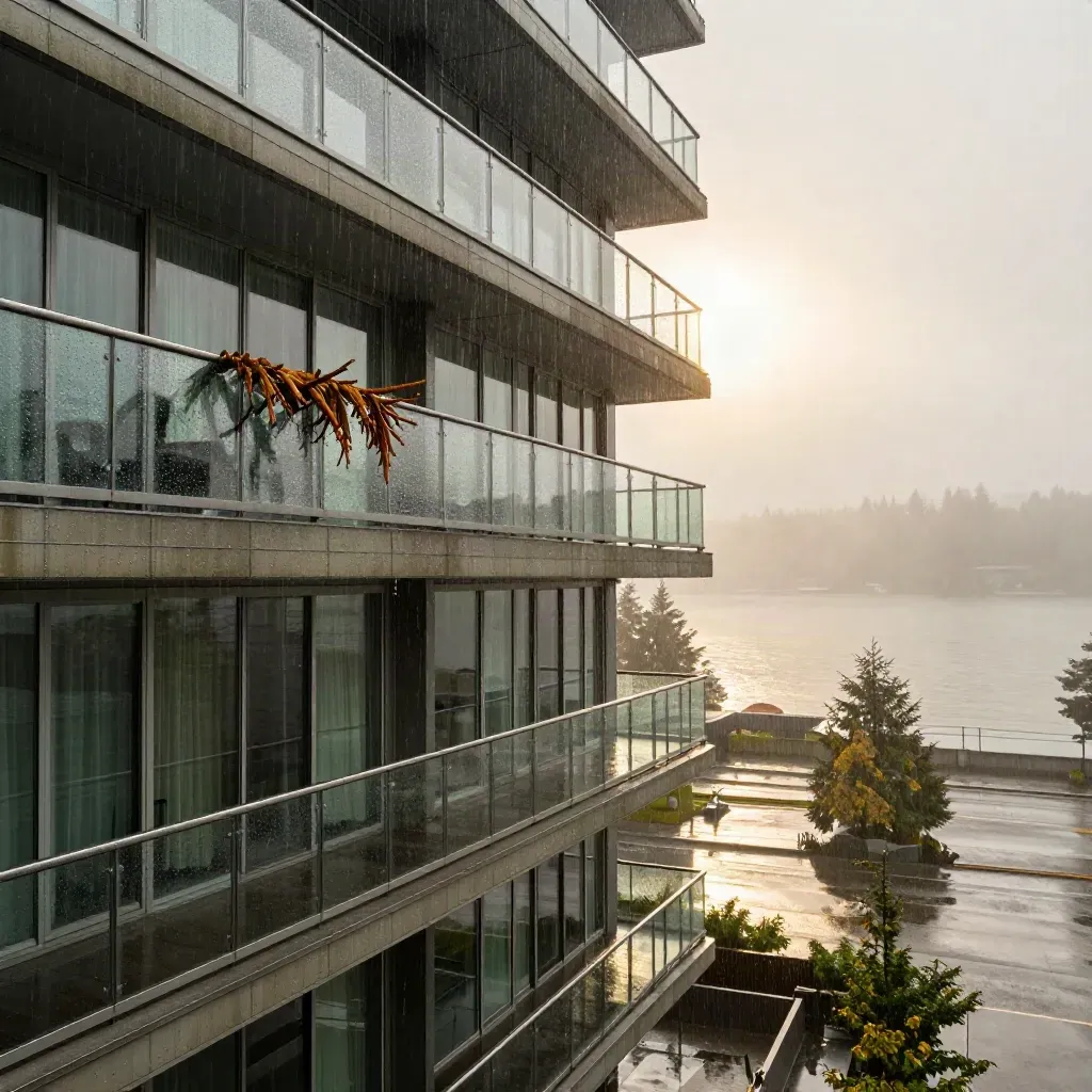 Façade vitrée de Vancouver sous la pluie, balcon humide, cèdre trempé et rue brillante.