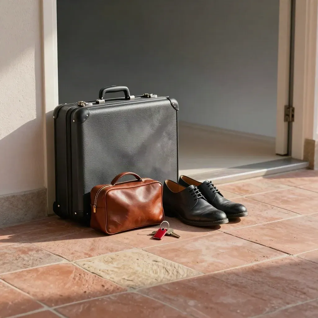 Palier d’entrée avec valise fermée, chaussures alignées, trousse et clés au seuil.