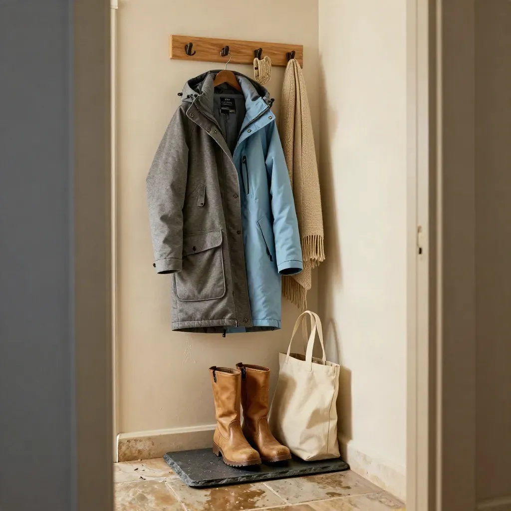 Vestiaire d’entrée avec parka, bottes, gants et sac de toile dans une lumière douce.