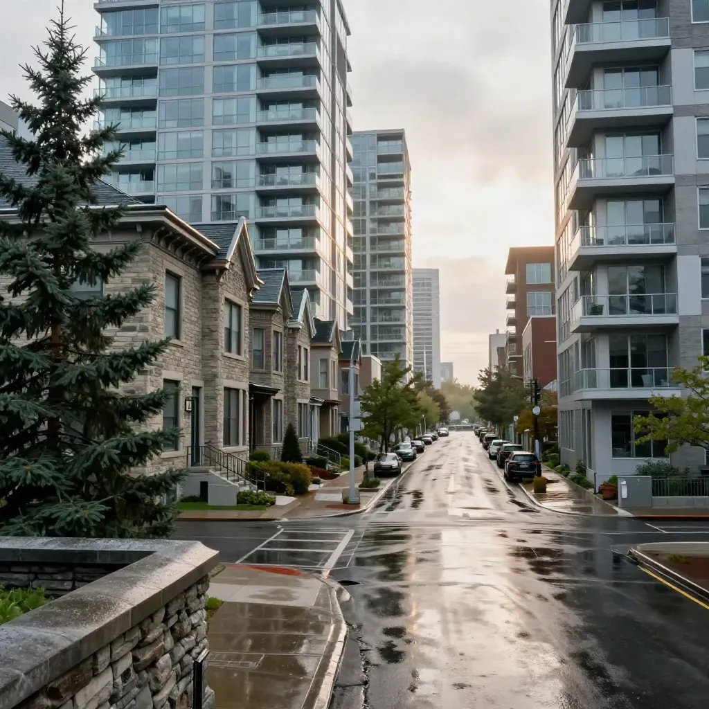 Rue canadienne mouillée, façade patrimoniale d’un côté et tours modernes de l’autre, sous la bruine.