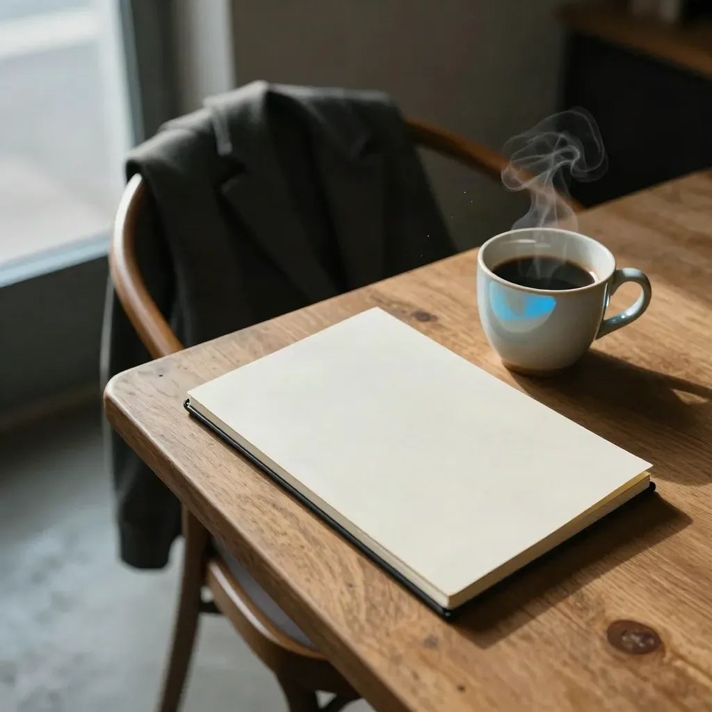Coin de coworking calme avec ordinateur fermé, carnet et café, manteau plié sur une chaise.