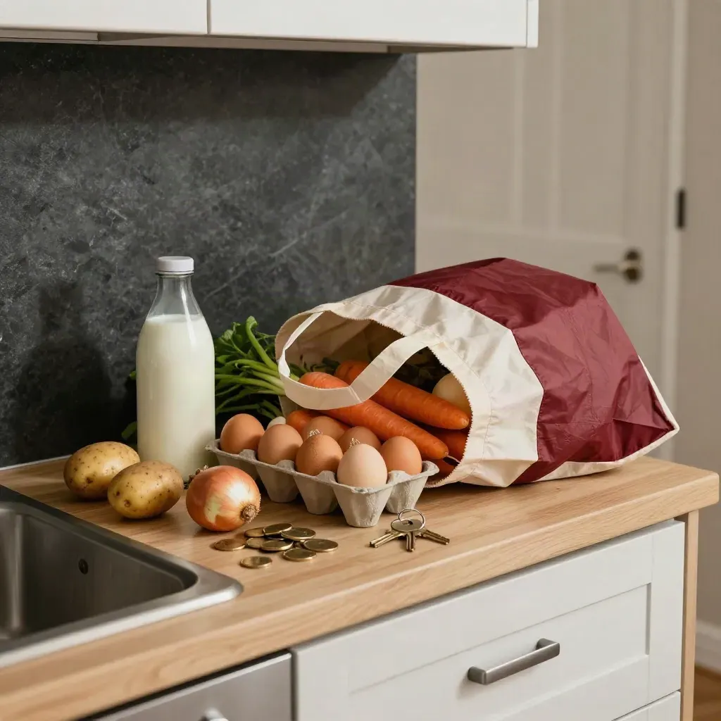 Épiceries, pièces et clés sur un comptoir de cuisine, sac réutilisable rouge érable en mouvement.