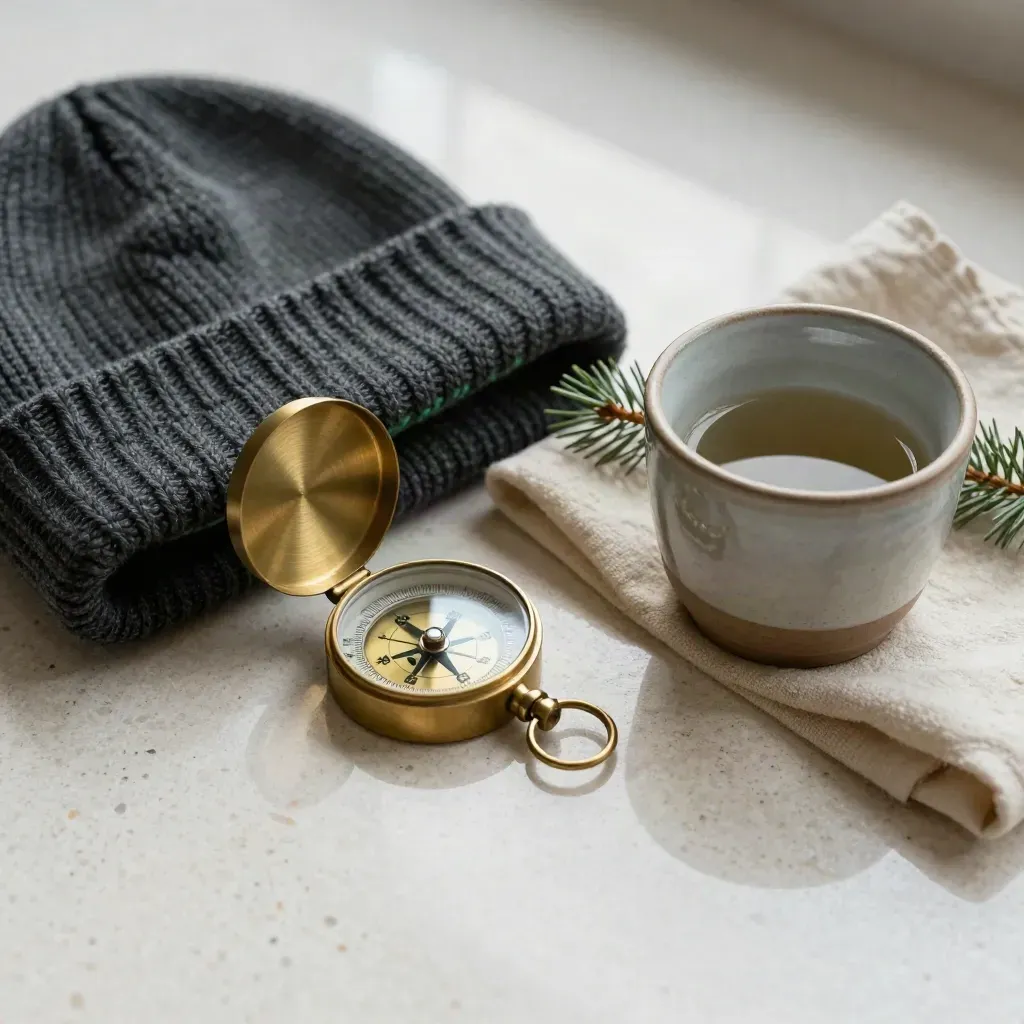 Boussole en laiton, bonnet roulé et tasse en céramique sur travertin clair.