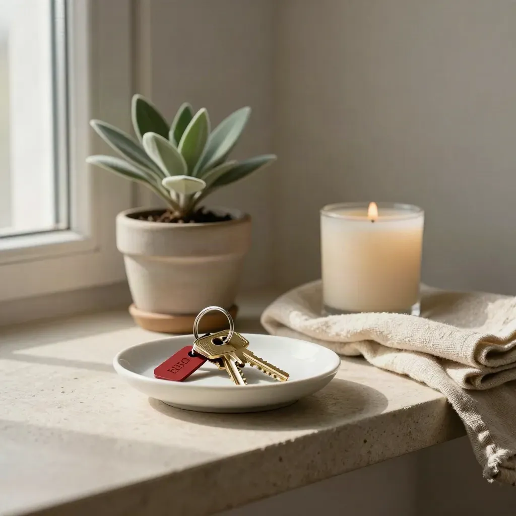 Trousseau de clés sur plat en céramique, plante, linge plié et bougie sur une tablette en pierre.