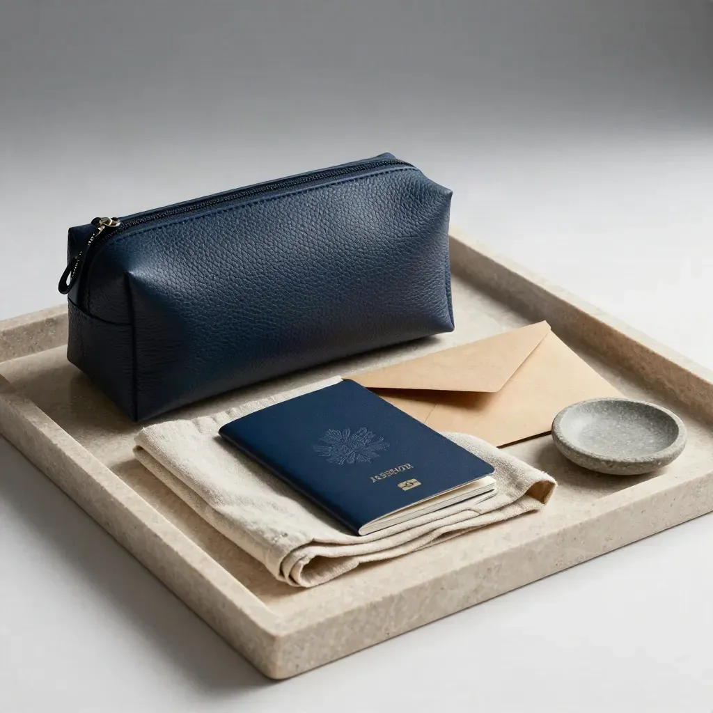 Pochette de voyage, passeport et enveloppe kraft sur plateau de pierre, lumière douce.