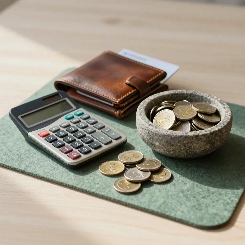 Calculatrice, pièces et portefeuille sur bois clair, ambiance budget par ville.