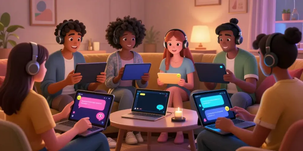 Engaging scene of animated characters in intimate AI porn chat, showcasing digital interaction and vibrant ambiance.