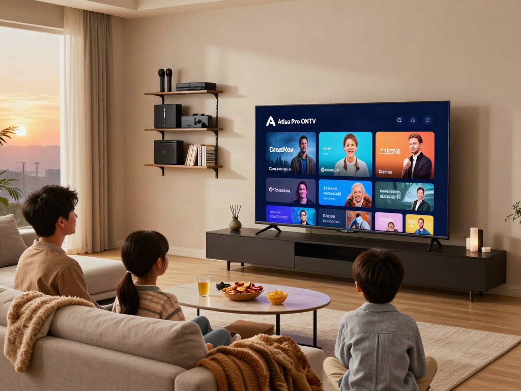 Famille utilisant l'application Atlas Pro ONTV pour regarder des films en haute définition dans un salon moderne.